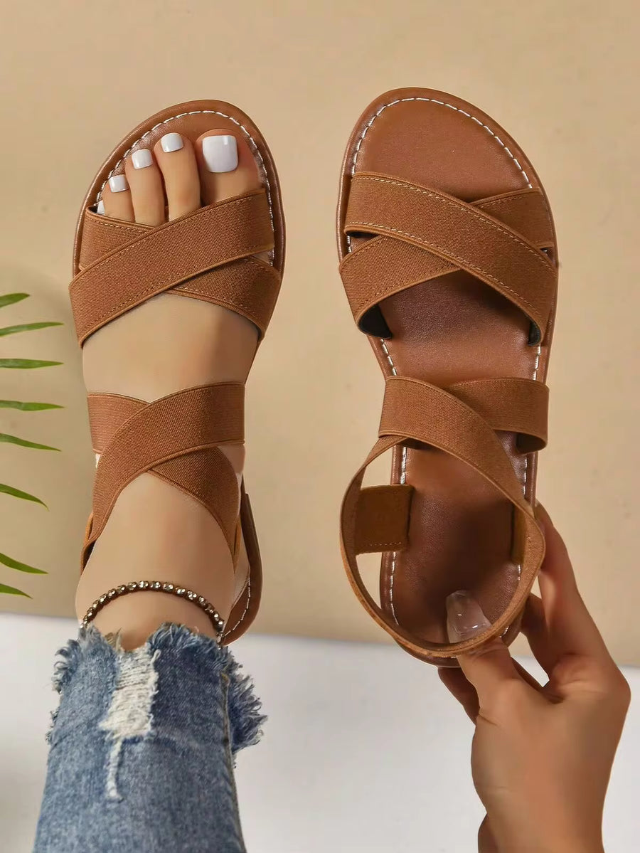 Women's Flat Sandals With Elastic Criss-Cross Strap, Loose And Comfortable Beach Shoes, Minimalist And Fashionable New Casual Style